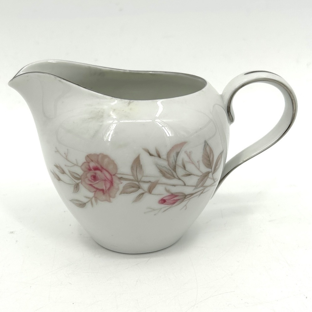 FINE CHINA JAPAN Vintage Laura Creamer Cup White Pink Floral Rose Platinum Trim